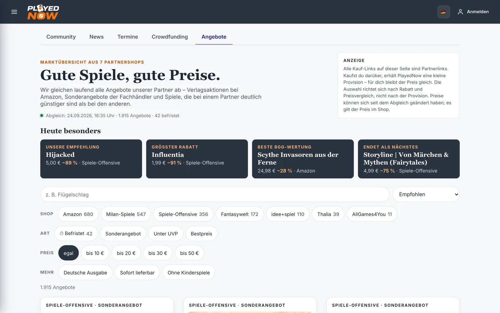 Der Bereich Angebote mit Suche, Sortierung, Shop-Filtern und Angebotskarten