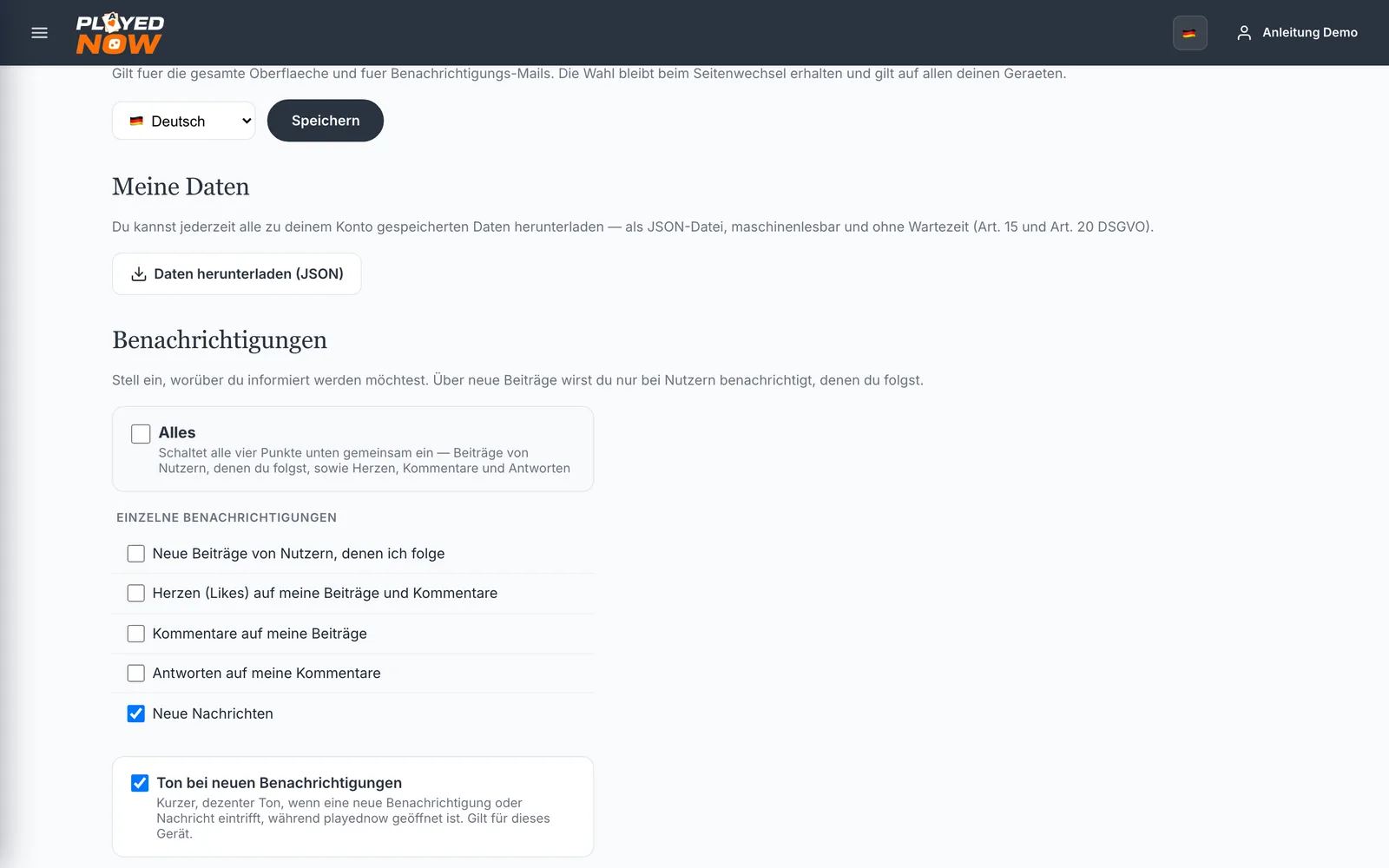 Die Benachrichtigungs-Einstellungen im Profil mit Push und E-Mail