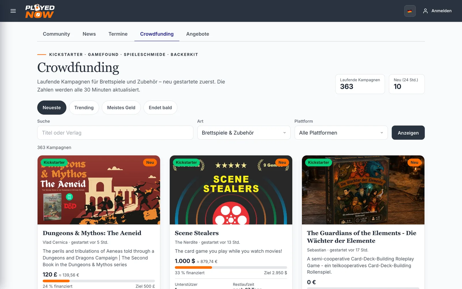 Der Bereich Crowdfunding mit Suche, Art, Plattform und Kampagnenkarten