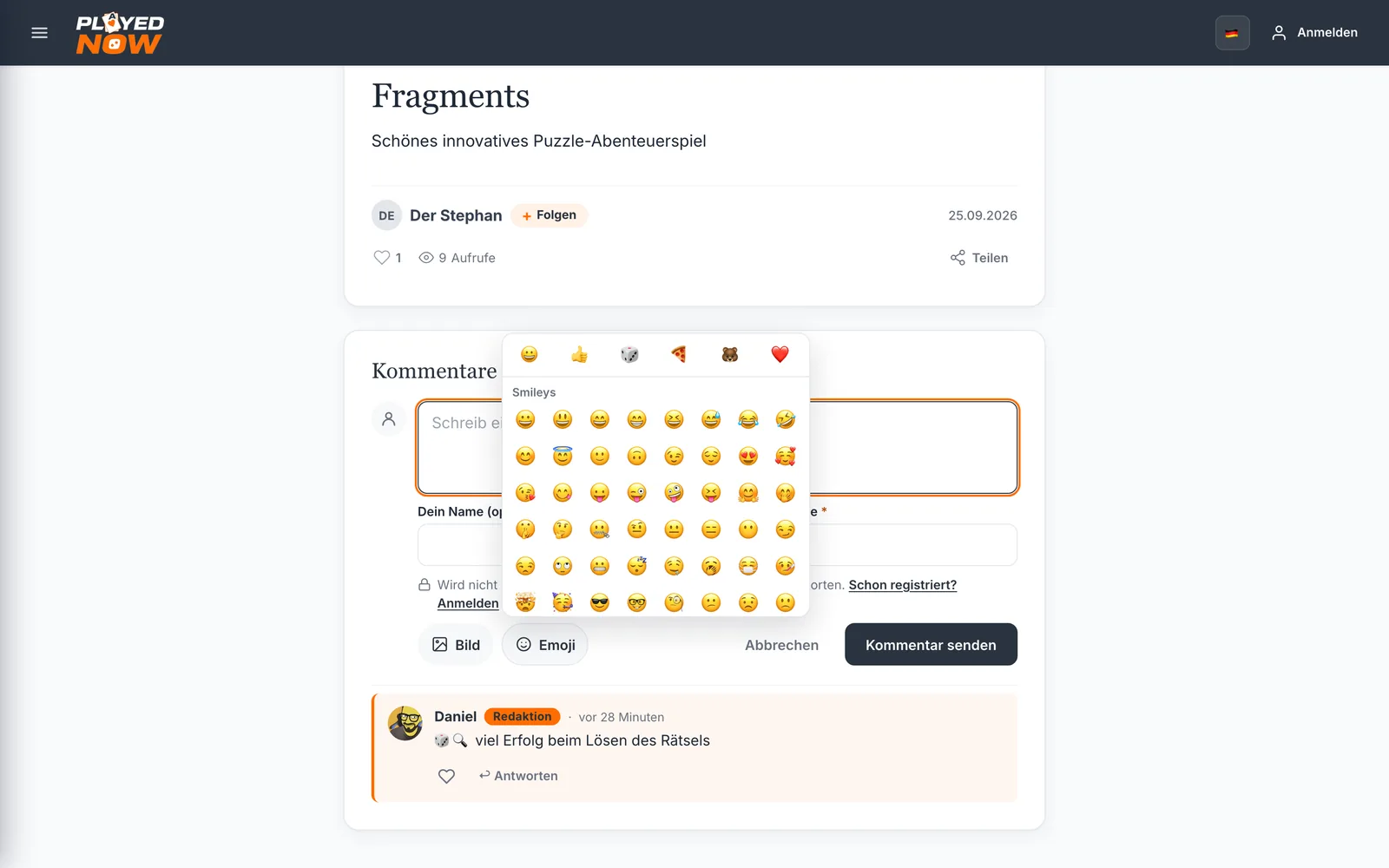 Die Emoji-Auswahl im Kommentarfeld