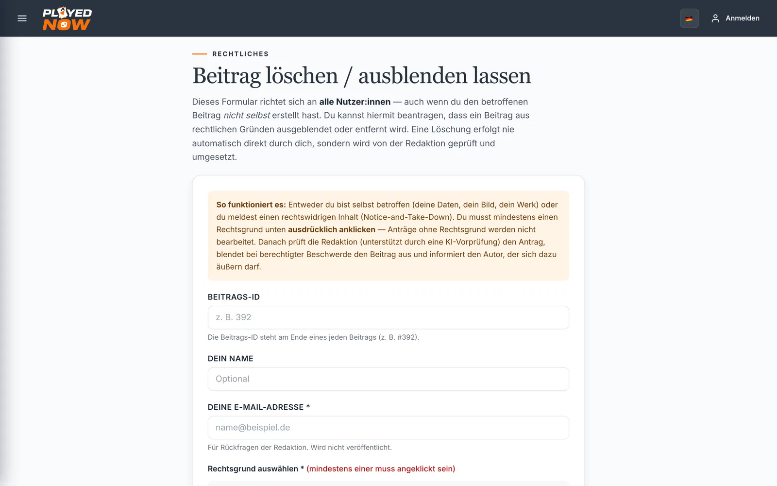 Das Formular für einen Löschantrag