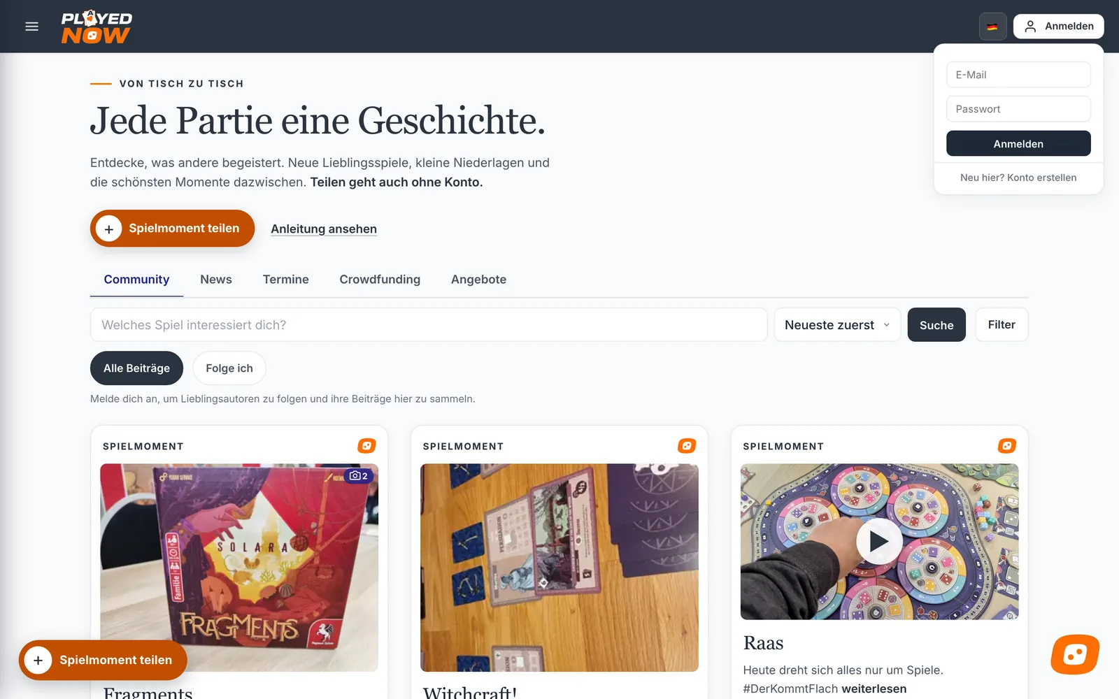 Anmeldefeld in der Kopfzeile